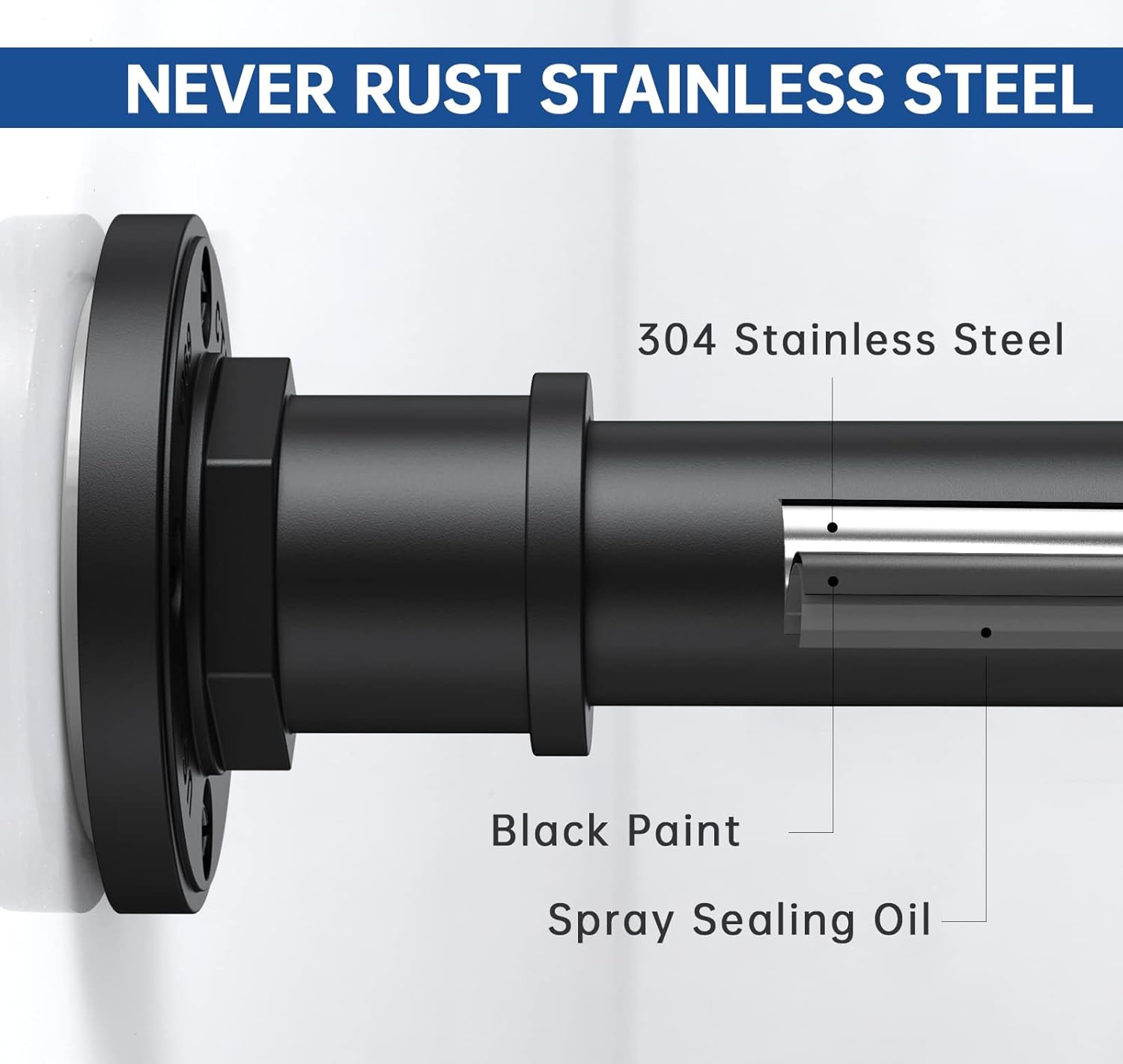 BRIOFOX Industrial Shower Curtain Rod - 2-in-1 Design Tension Curtain Rod - Never Rust Non-Slip 43 to 72 Inch Stainless Steel, Matte Black Window Curtain Rod